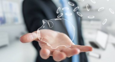 Uçan paralar kroki ile Piggy banka holding iş adamı