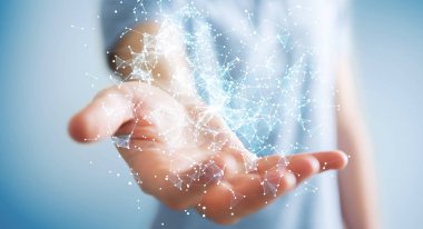 Uçan ağ bağlantısı 3d render tutan işadamı