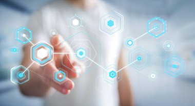 Dijital ekranlar hologramlar veriler 3d render ile kullanarak iş adamı