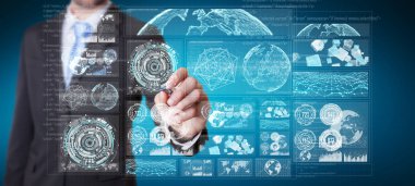 Dijital ekranlar hologramlar veriler 3d render ile kullanarak iş adamı