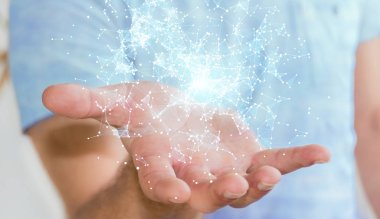 Uçan ağ bağlantısı 3d render tutan işadamı