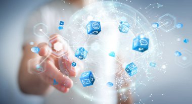 İşadamı 3d rende tarafından aktive uçan Dünya ağ arabirimi