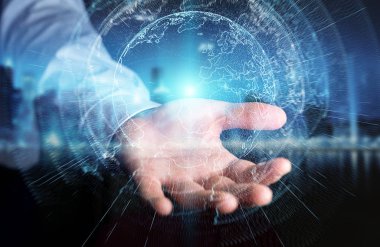 İşadamı 3d rende tarafından aktive uçan Dünya ağ arabirimi