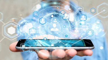 Sosyal ağ arabirimi 3d işlemesini kullanan iş adamı