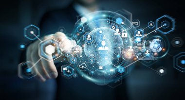 Sosyal ağ arabirimi 3d işlemesini kullanan iş adamı