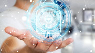 Onun verileri 3d renderi güvenliğini sağlamak için dijital asma kilit kullanarak iş adamı