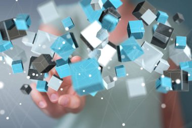 Mavi parlak küp ağ 3d renderin yüzen kullanarak iş kadını