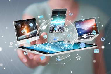 Teknik cihazlar işkadını 3d renderi ile birbirine bağlı