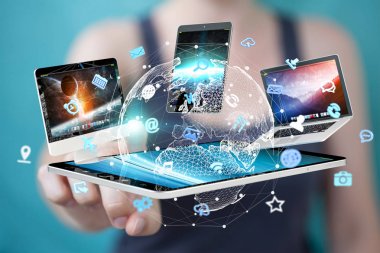 Teknik cihazlar işkadını 3d renderi ile birbirine bağlı