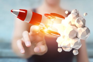 Holding ve kırmızı roket 3d render dokunmadan işkadını