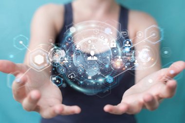 Sosyal ağ arabirimi 3d işlemesini kullanan iş kadını