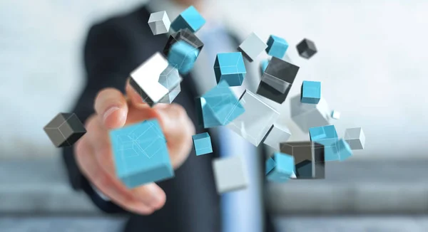 Бизнесмен касается плавающей голубой блестящей кубической сети 3D рендери — стоковое фото