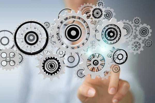 Kayan dişli simgeler 3d rendering kullanarak iş kadını