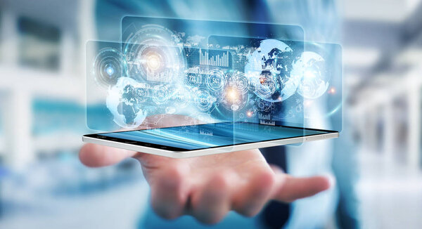 Экран голограммы с цифровыми данными, используемыми бизнесменом 3D рендерингом
