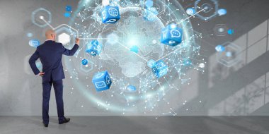 Bir duvar 3d re dijital planet earth arabirimini kullanarak iş adamı