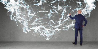 Bir duvara 3d render bağlantı ağ kullanarak iş adamı