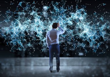 Bir çatı katı 3d renderin üzerinde bağlantı network izlerken işadamı