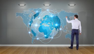 Bir duvar 3d re dijital planet earth arabirimini kullanarak iş adamı