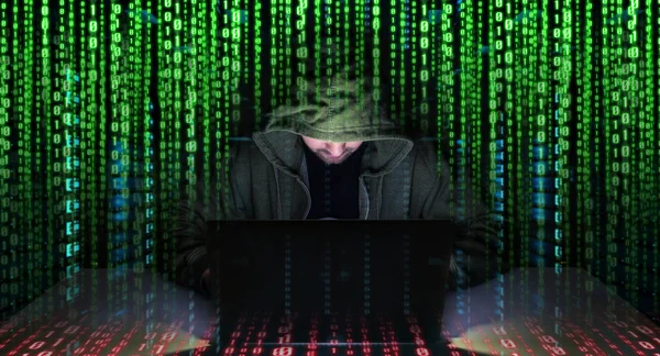 Hacker accede a la información de datos personales con una computadora 3D — Foto de Stock