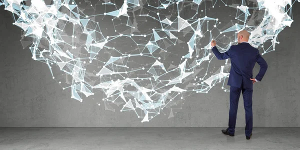 Bir duvara 3d render bağlantı ağ kullanarak iş adamı