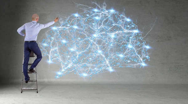 Bir duvar 3d render dijital beyin arabirimini kullanarak iş adamı