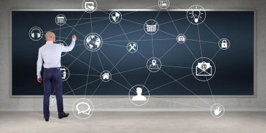 Bir kurulu 3d renderi sosyal ağ arabirimini kullanarak iş adamı