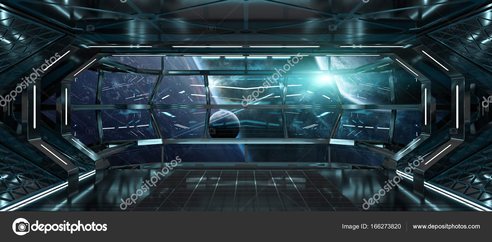 Spaceship Interior With View On Planets 3d Rendering