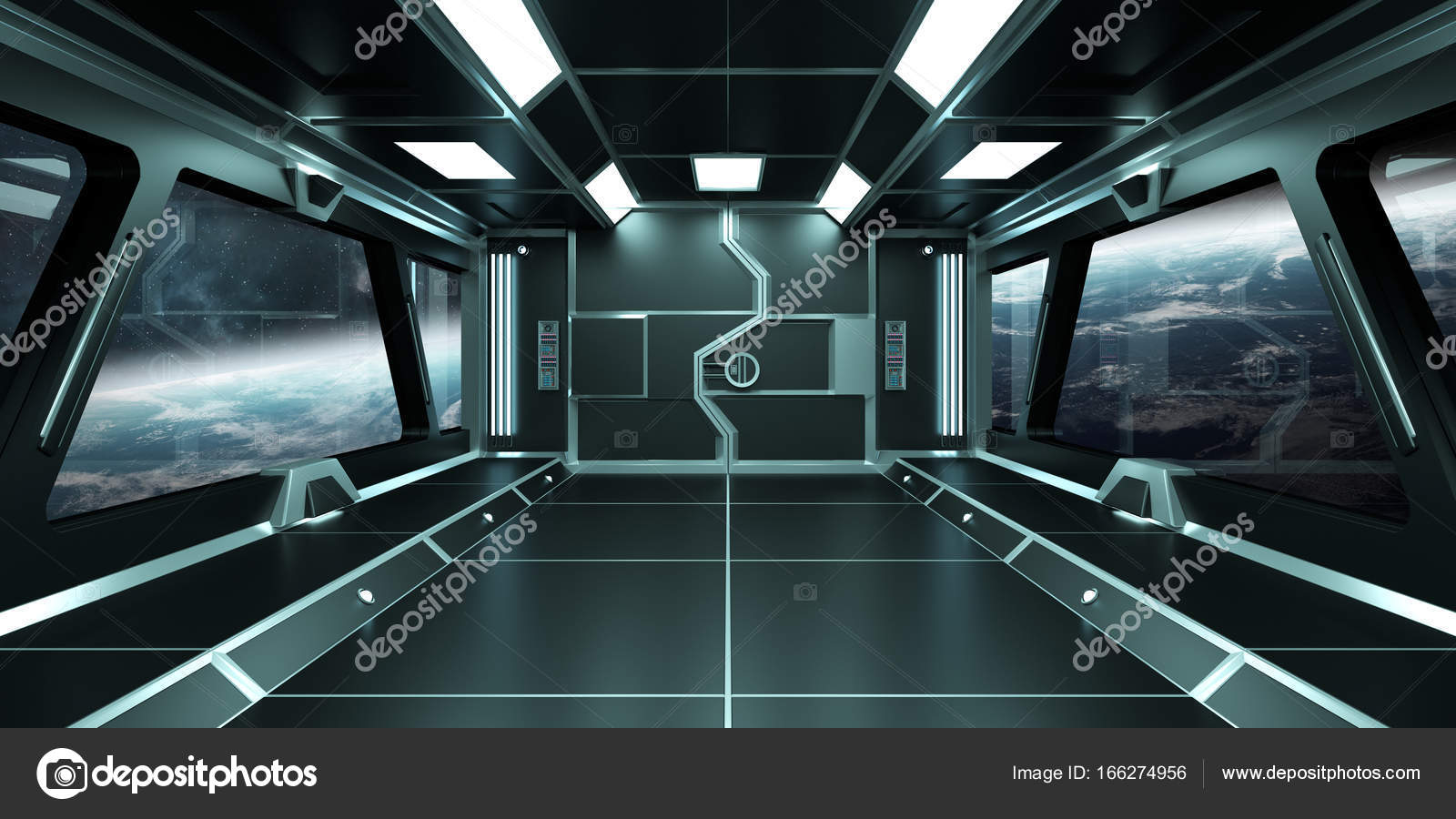 Spaceship Interior With View On Planets 3d Rendering
