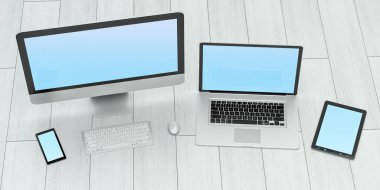 Modern bilgisayar dizüstü cep telefonu ve tablet 3d render