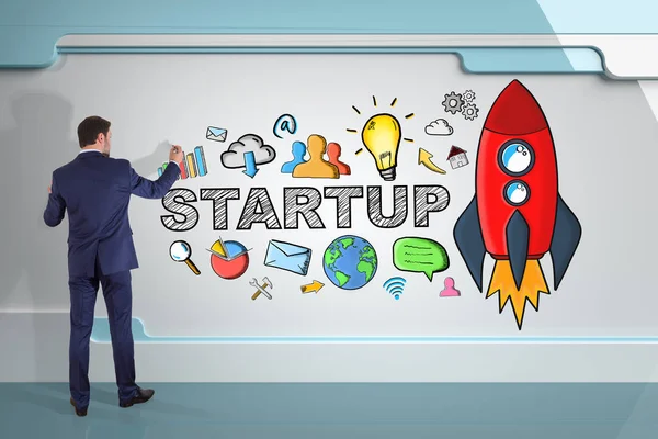 İşadamı çizim başlangıç kroki bir gemide 3d render