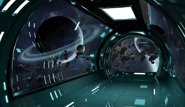 Interior de la nave espacial con vista a los planetas 3D elementos de representación de — Foto de Stock