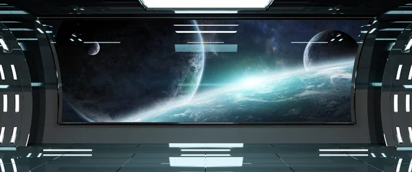 Raumschiff-Innenraum mit Blick auf Planeten 3D-Rendering-Elemente von — Stockfoto