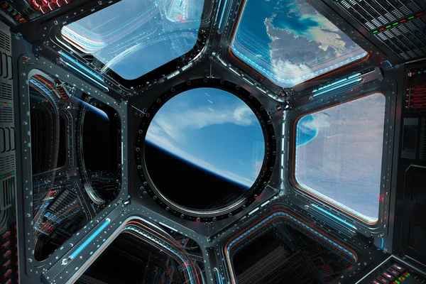 Bir uzay istasyonu pencere 3d işleme el Dünya gezegeninden görünümünü