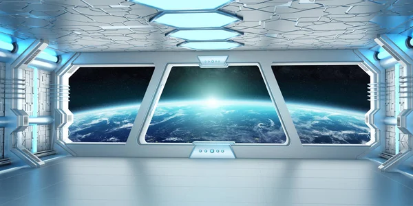 Interior pesawat ruang angkasa dengan tampilan di planet Bumi 3D rendering el — Stok Foto