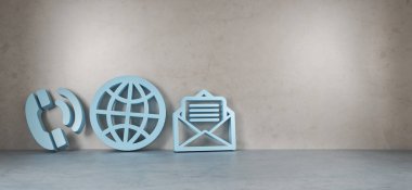 Modern iç 3d render büyük iletişim simgeleri