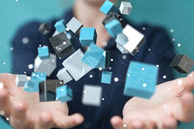 Mavi parlak küp ağ 3d renderin yüzen kullanarak iş kadını