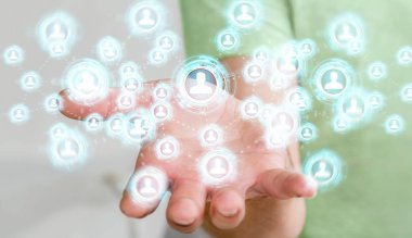 Sosyal ağ arabirimi 3d işlemesini kullanan iş adamı