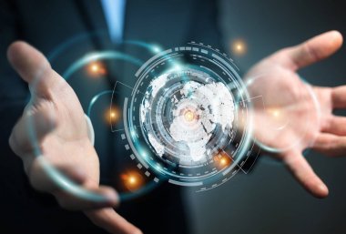 İşadamı hologram ekran dijital veriler 3d renderin ile kullanma