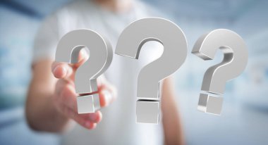 3D render soru işaretleri kullanarak iş adamı