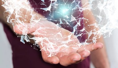 Uçan ağ bağlantısı 3d render tutan işadamı