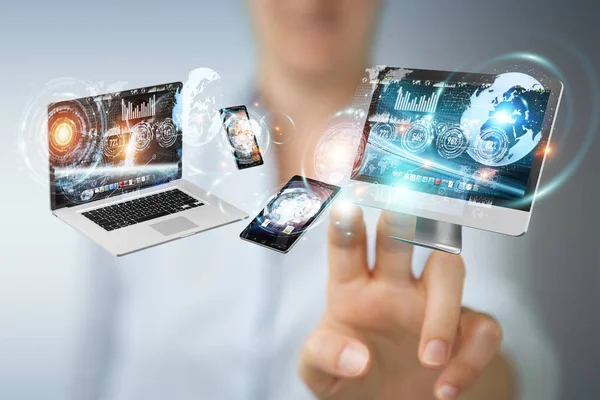 Tech devices connected to each other by businesswoman 3D renderi — Stock Photo, Image