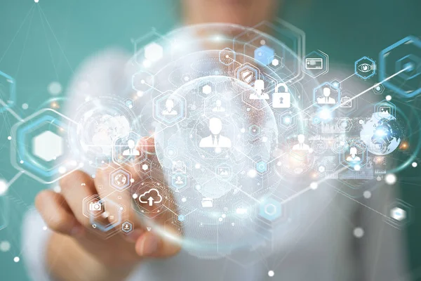 Sosyal ağ arabirimi 3d işlemesini kullanan iş kadını