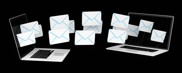 Digitale E-Mails fliegen durch die Bildschirme der Geräte 3D-Rendering — Stockfoto