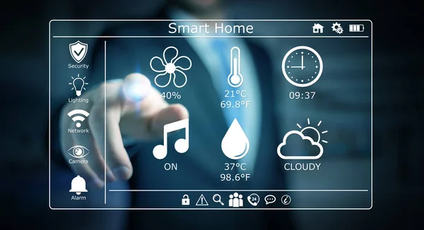 Empresario que utiliza el renderizado 3D de interfaz digital para el hogar inteligente — Foto de Stock