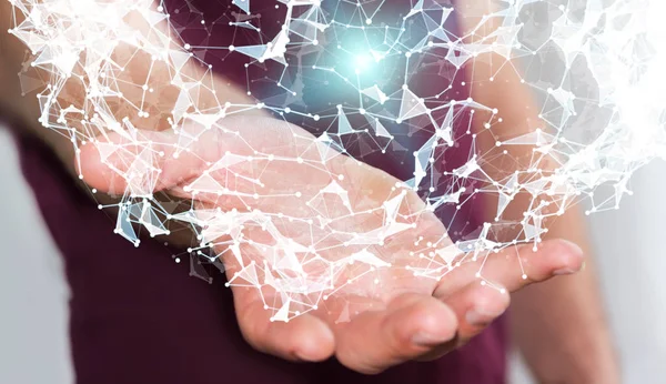 Uçan ağ bağlantısı 3d render tutan işadamı