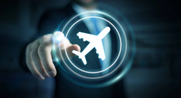 Üzletember a repülés modern digitális alkalmazás 3 foglalás — Stock Fotó
