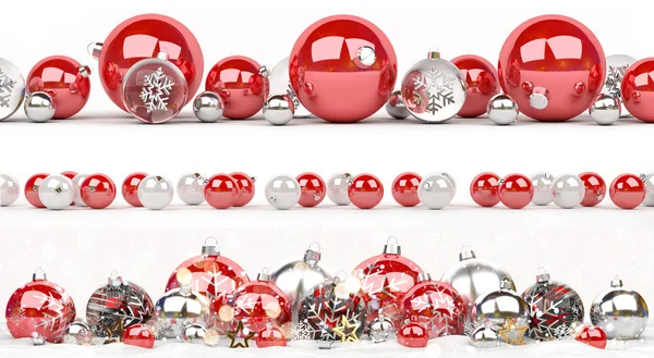 Красно-белая коллекция рождественских безделушек выстроилась в линию 3D рендеринга — стоковое фото