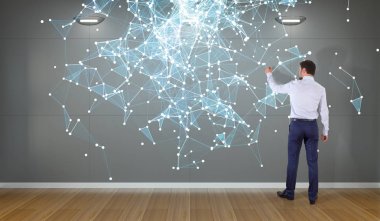 Bir duvara 3d render bağlantı ağ kullanarak iş adamı