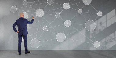 Üzerinde bir duvar 3d renderin sosyal ağ arabirimini kullanarak iş adamı