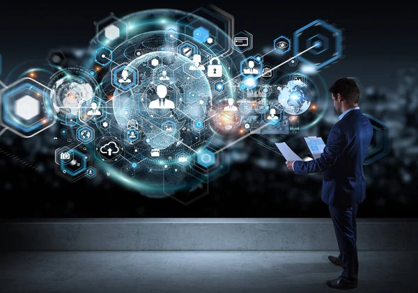 Bir çatı katı 3d re sosyal ağ arabiriminde izlerken işadamı